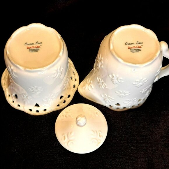 Vintage Skye McGhie Cream Lace Pattern, 2002 Fine Porcelain Sugar Bowl And Cream - Picture 7 of 10